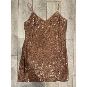 Gianni Bini Rose Gold Sequin Mini Dress V-Neck‎ Adjustable Straps Size L